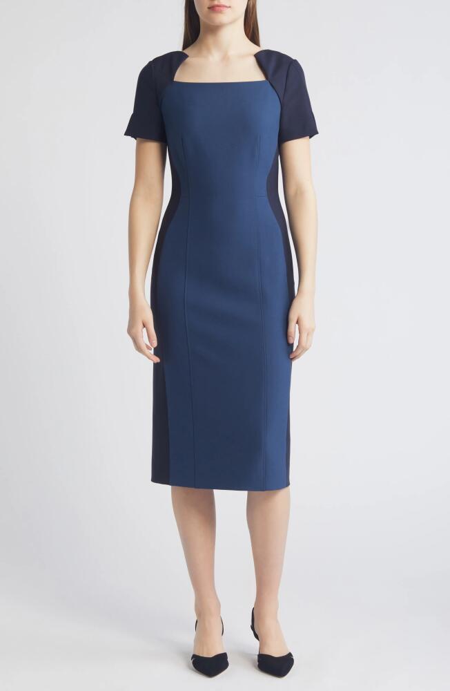 BOSS Daneria Colorblock Square Neck Sheath Dress in Insignia Blue Cover