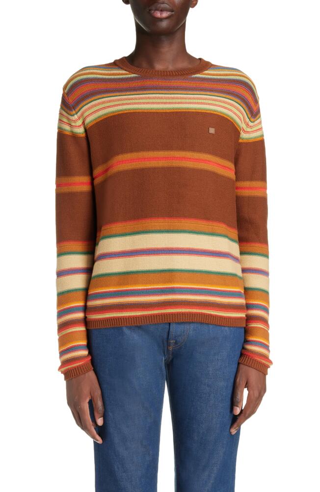 Acne Studios Face Patch Stripe Cotton Crewneck Sweater in Cinnamon Brown/Multi Cover