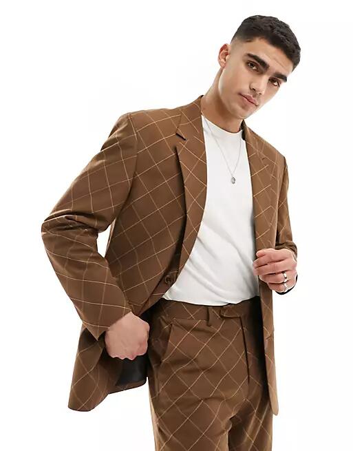 ASOS DESIGN relaxed check suit jacket in brown Cover