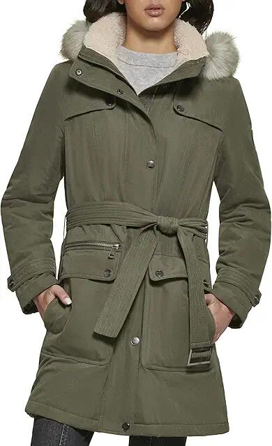 DKNY Faux Fur Hood Belted Anorak (Olive) Women's Jacket Cover