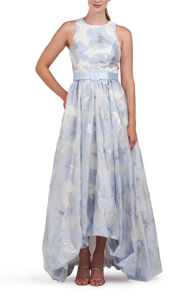 Kay Unger Vivian Metallic Floral Print Sleeveless High/Low Gown in Pale Blue/Ivory Cover