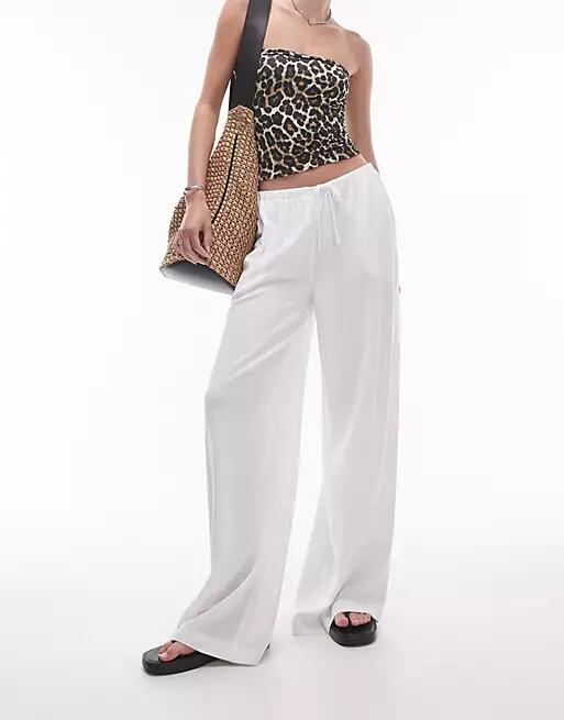 Topshop Tall linen mix tie waist wide leg pants in white Cover