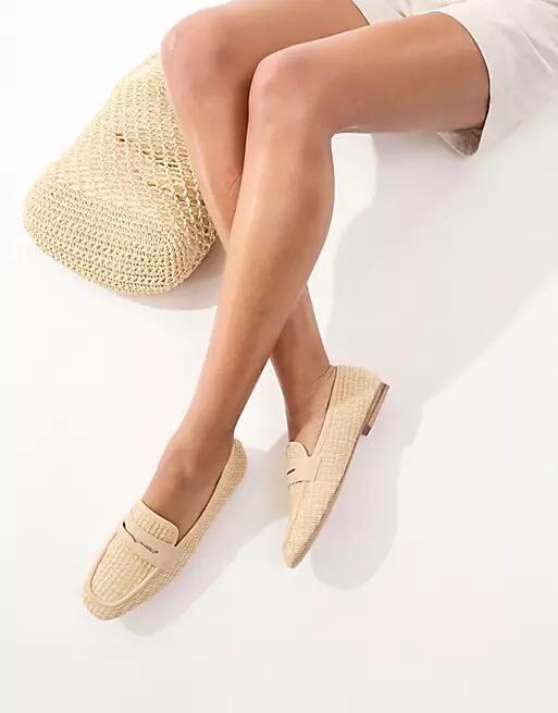 ASOS DESIGN Maddox raffia slim loafers in natural-Neutral Cover