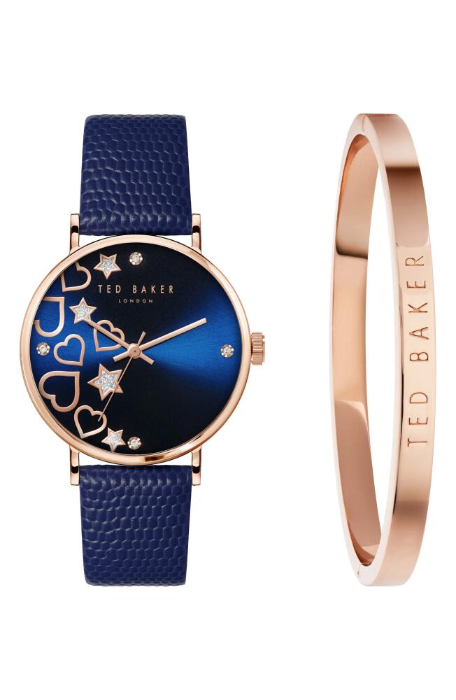 Ted Baker London Phylipa Leather Strap Watch & Bangle Bracelet Set, 34mm in Rose Gold/Blue/Blue Cover