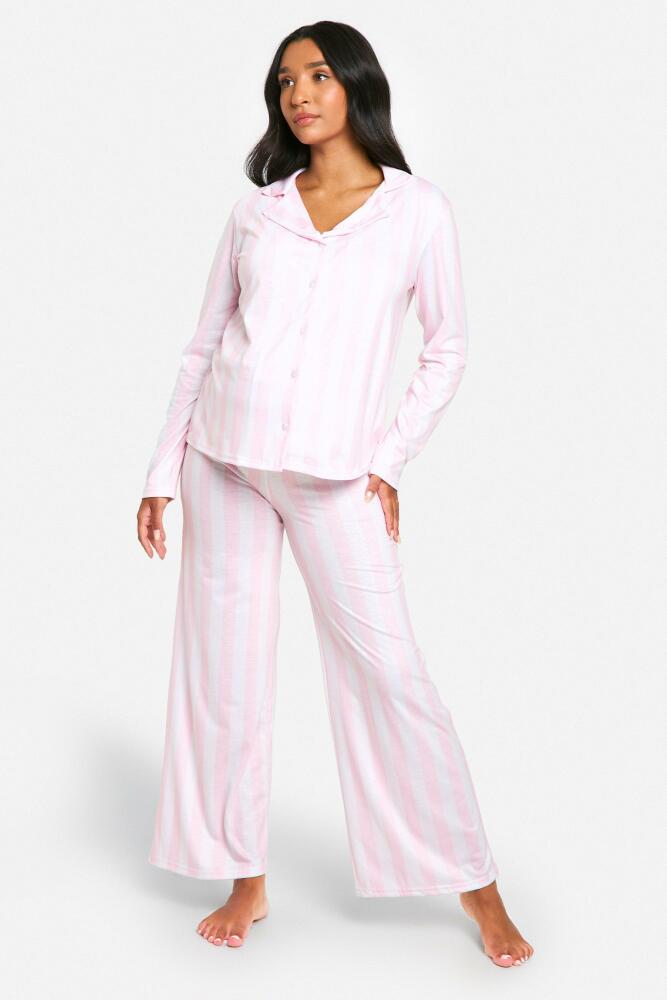 boohoo Womens Maternity Stripe Shirt And Pants Pajama Set - Pink Cover