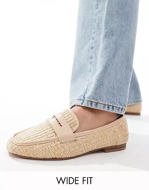 ASOS DESIGN Wide Fit Maddox raffia slim loafer in natural-Neutral Cover