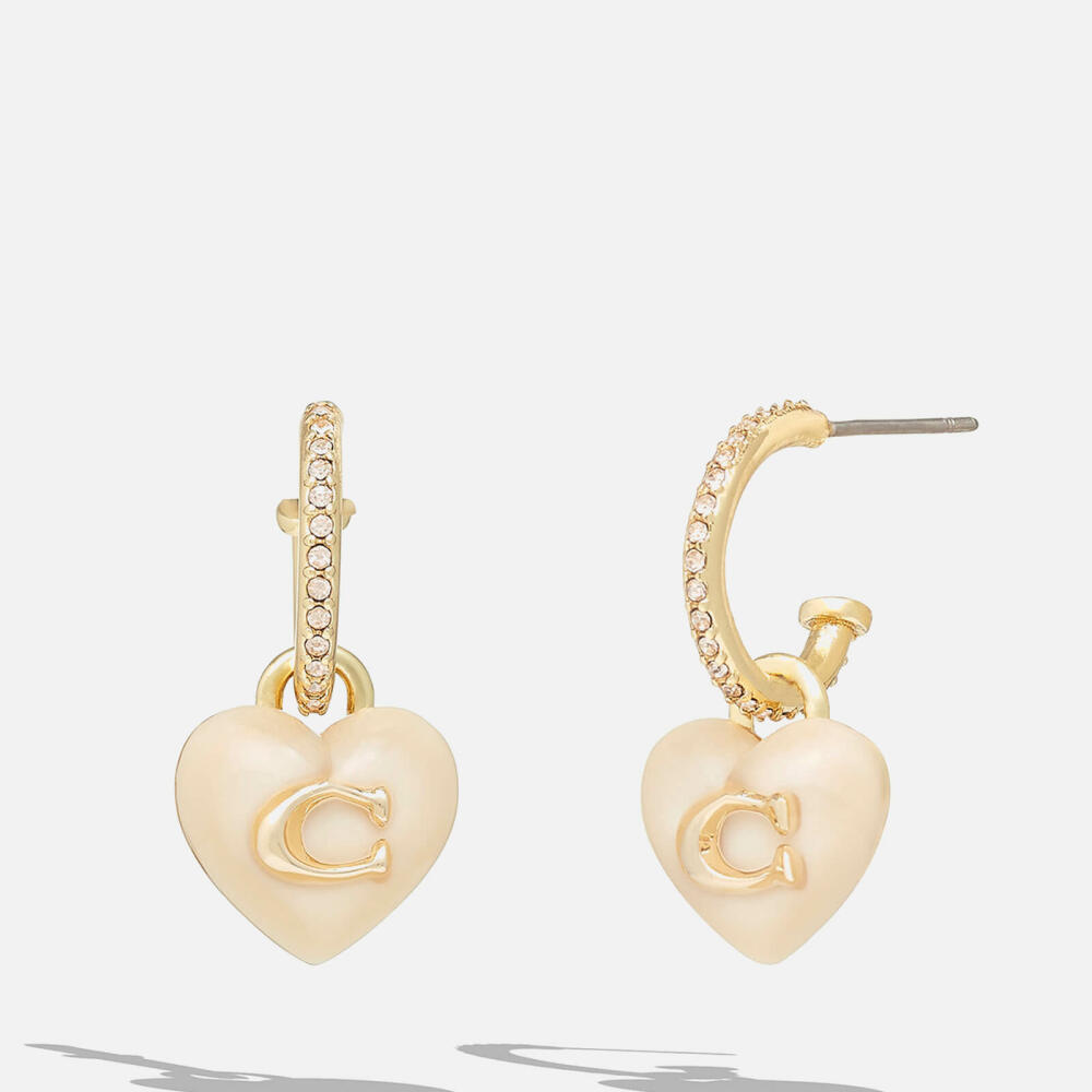 Coach Signature C Heart Pearl Drop Gold Tone Huggie Earrings Cover