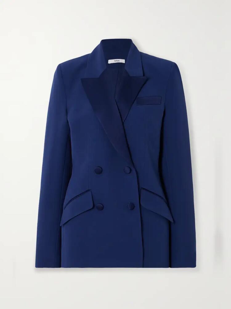 Safiyaa - Wynnie Double-breasted Satin-trimmed Stretch-crepe Blazer - Blue Cover