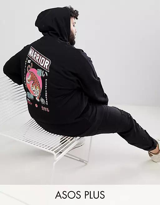 ASOS DESIGN Plus oversized hoodie with tiger back print-Black Cover