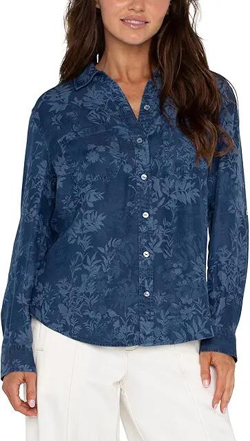 Liverpool Los Angeles Long Rolled Sleeve Woven Shirt (Indigo Floral) Women's Clothing Cover