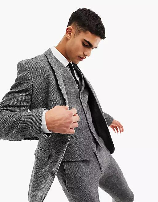 ASOS DESIGN wedding super skinny wool mix suit jacket in monochrome puppytooth-Black Cover