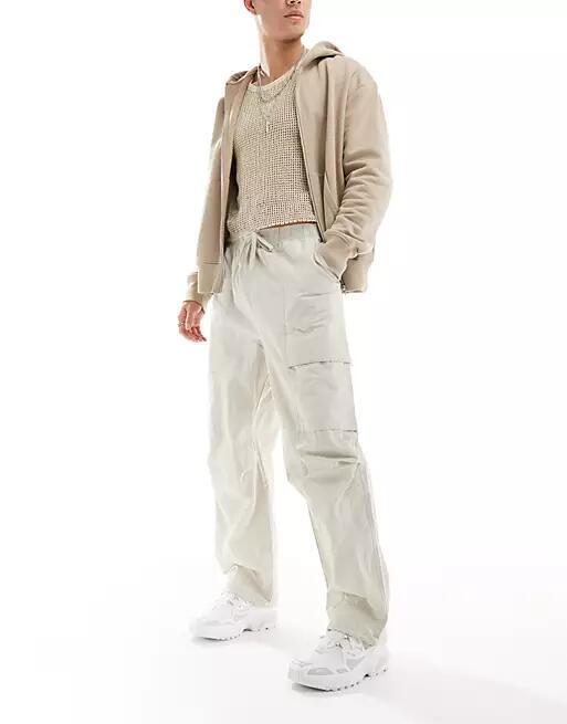 Pull & Bear parachute cargo pants in ecru-Neutral Cover