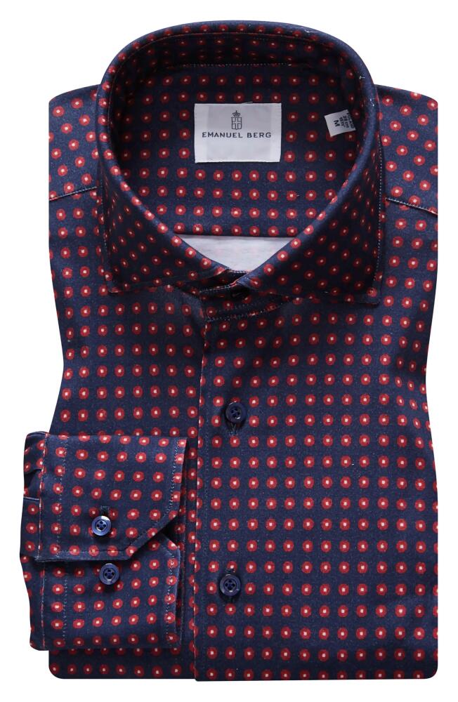 Emanuel Berg 4Flex Modern Fit Print Knit Button-Up Shirt in Blue/Dark Red Cover