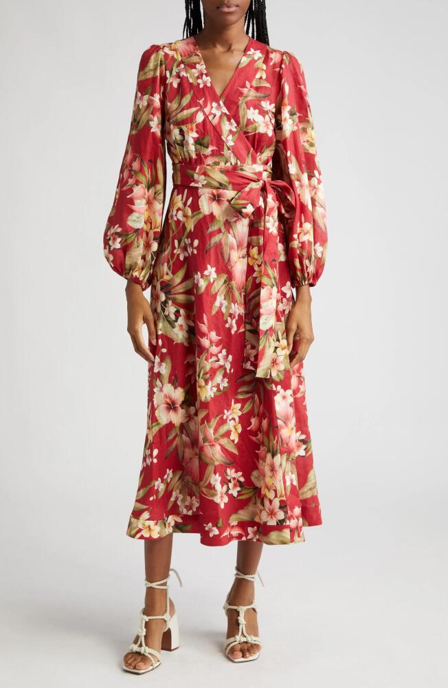 Zimmermann Lexi Floral Long Sleeve Linen Wrap Dress in Red Palm Cover