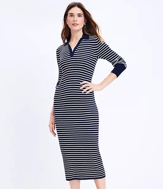 Loft Petite Stripe Ribbed Collared Midi Dress Cover