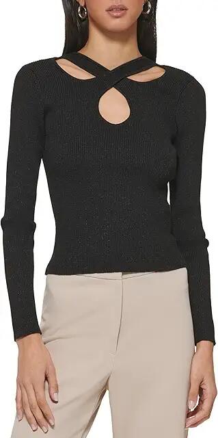 DKNY Long Sleeve Rib Lurex Cutout Sweater (Black) Women's Clothing Cover