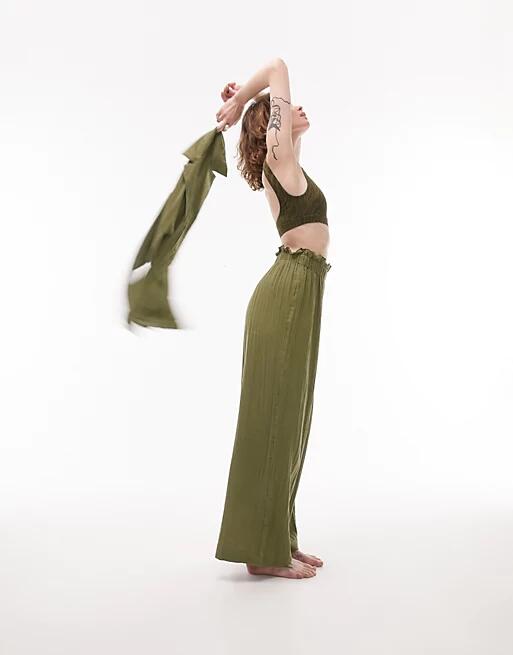 Topshop textured beach pants in olive - part of a set-Green Cover