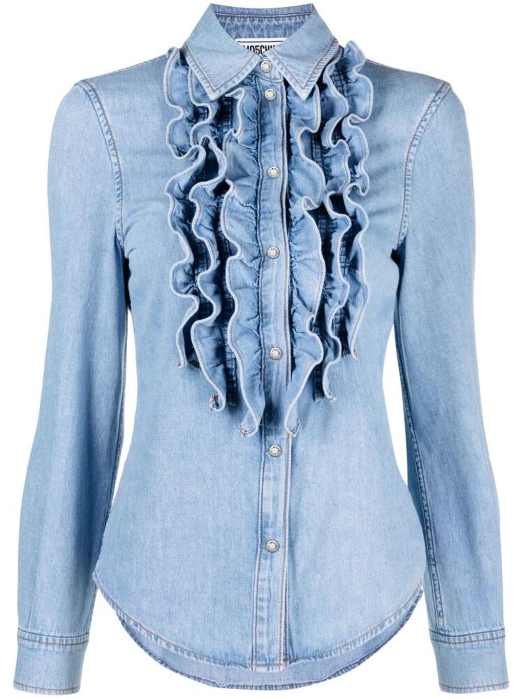 MOSCHINO JEANS ruffled washed-denim shirt - Blue Cover