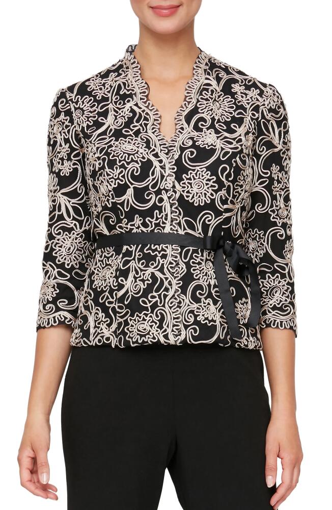 Alex Evenings Embroidered Illusion Sleeve Blouse in Black/Taupe Cover