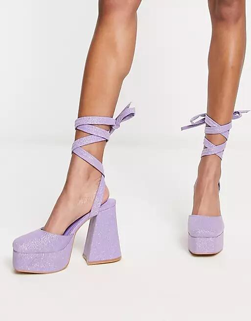 Daisy Street platform flared heeled shoes in lilac glitter-Purple Cover