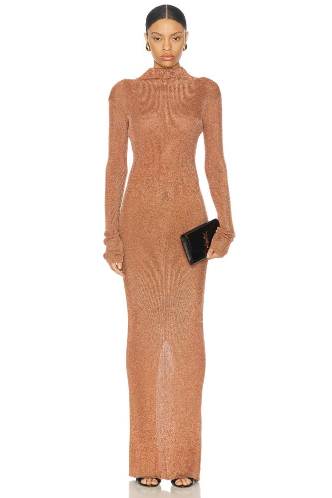 LaQuan Smith Long Sleeve Mock Neck Gown in Metallic Copper Cover