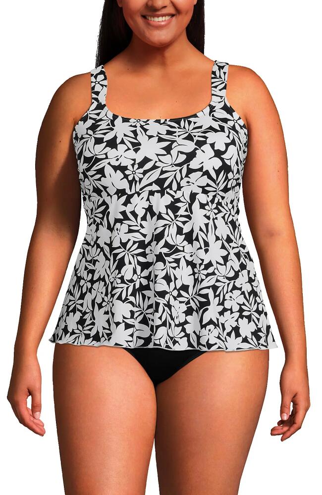 Lands' End Plus Size Flutter Scoop Neck Tankini Top in Black Havana Floral Cover