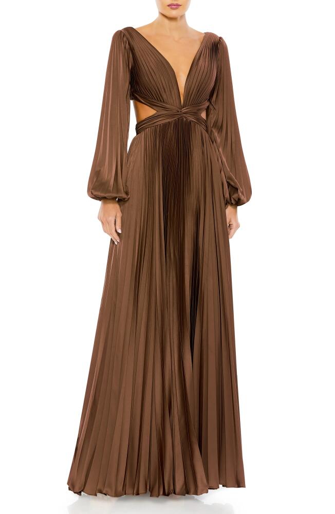 Ieena for Mac Duggal Long Sleeve Pleated Cut-Out Gown in Espresso Cover