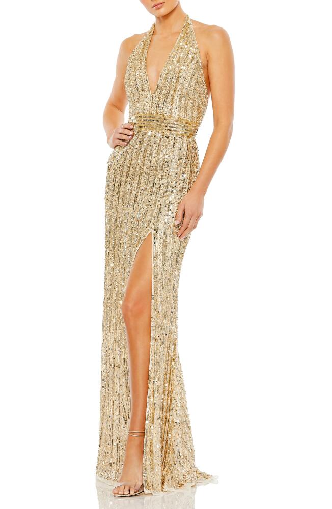 Mac Duggal Sequin Halter Neck Sheath Gown in Gold Nude Cover