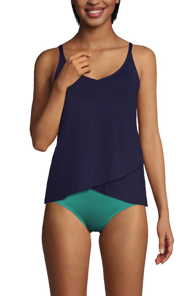 Lands' End Long Torso Chlorine Resistant V-Neck Tulip Hem Tankini Swimsuit Top with Adjustable Straps in Deep Sea Navy Cover