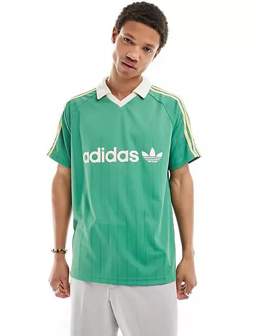 adidas Originals 3 premium stripe polo neck jersey t-shirt in green Cover