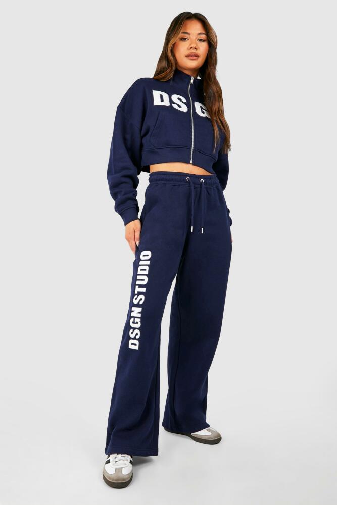 boohoo Womens Dsgn Studio Embroidered Cropped Sweatshirt Tracksuit - Navy Cover