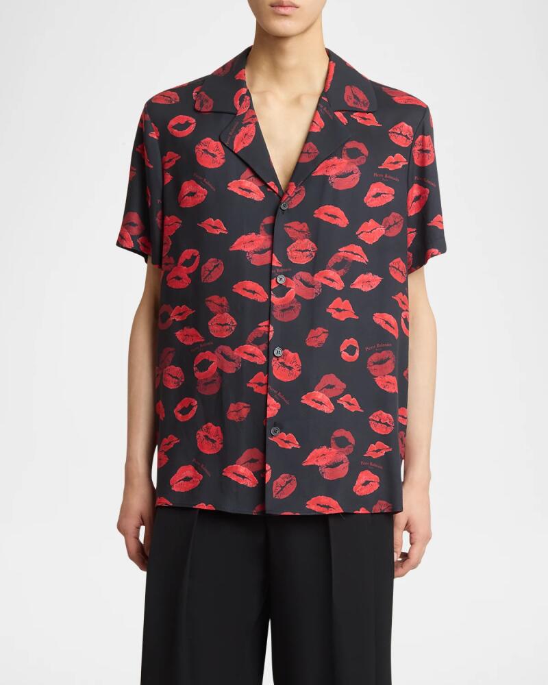 Balmain Men's Allover Kiss-Print Pajama Shirt Cover