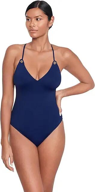 LAUREN Ralph Lauren Beach Cllub Solids Strappy Plunge One Piece (Blue) Women's Swimsuits One Piece Cover