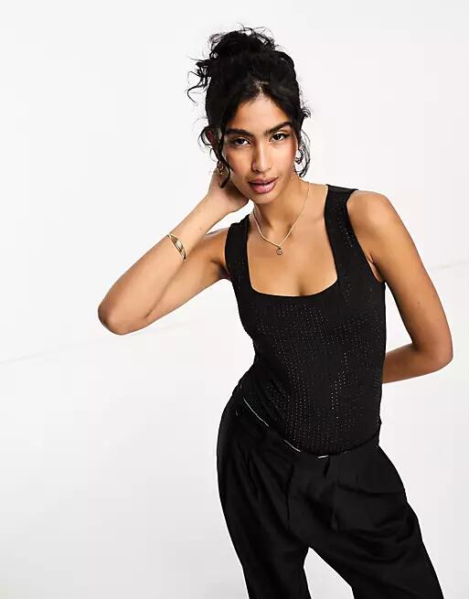 River Island hotfix slinky square neck bodysuit in black Cover