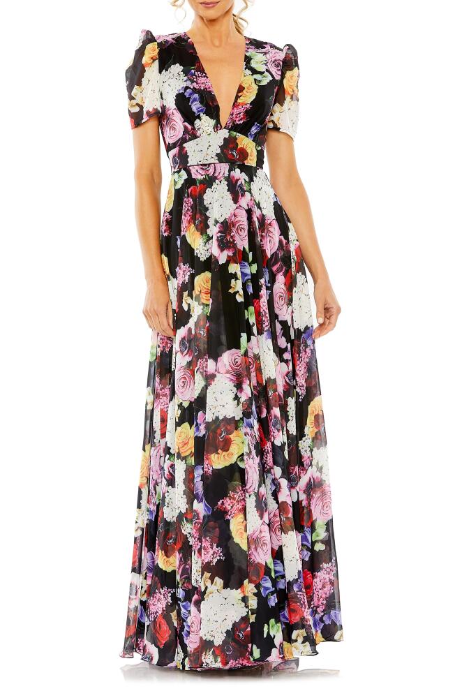 Ieena for Mac Duggal Floral Short Sleeve Pleated Gown in Black Multi Cover