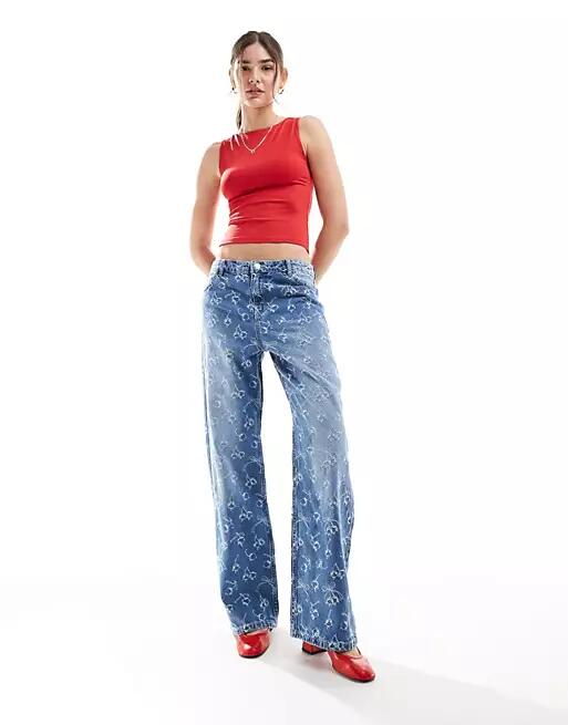 Bershka cherry bow embroidered wide leg jeans in indigo wash-Blue Cover