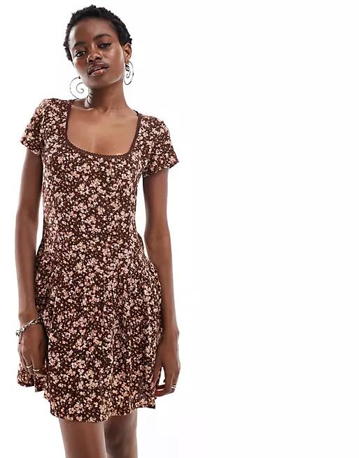 Motel Exclusive tipani vintage floral scoop neck mini dress in rust-Brown Cover