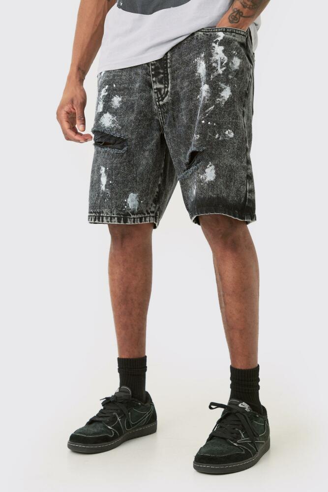 boohoo Mens Tall Washed Black Paint Splatter Relaxed Jean Shorts Cover