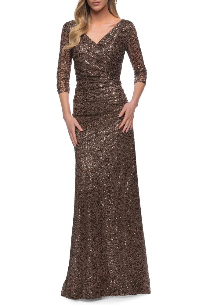 La Femme Ruched Sequin Gown in Bronze Cover