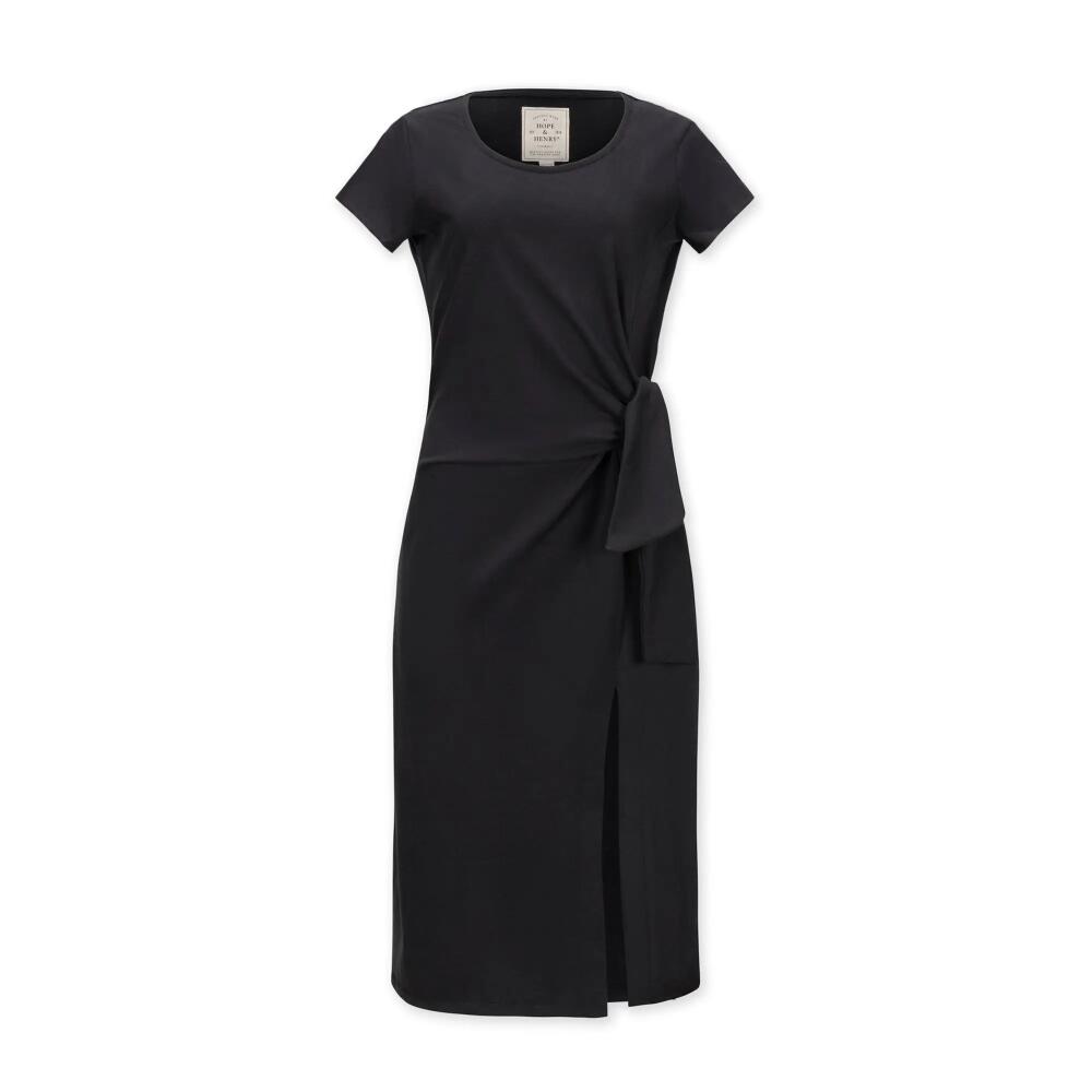 Hope & Henry Women's Organic Short Sleeve Knit Tie Midi Dress in Black Side-Tie Cover