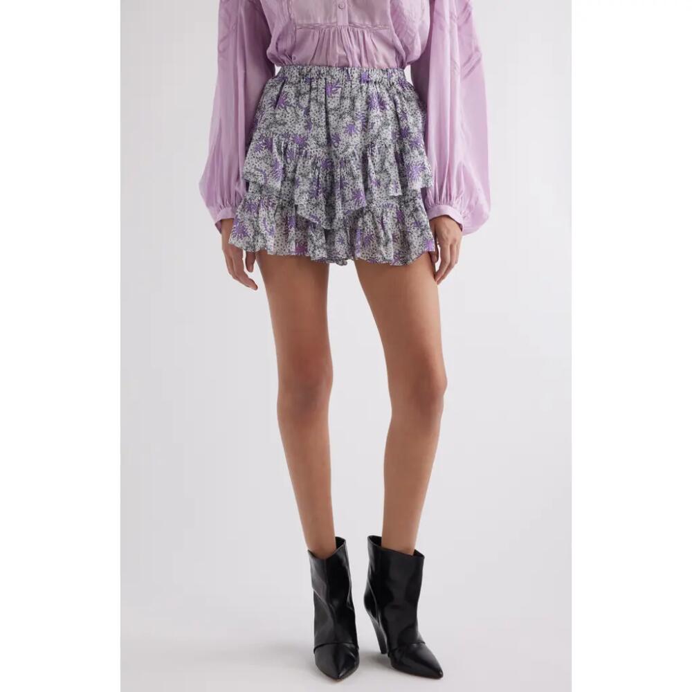 Isabel Marant Étoile Jocadia Abstract Print Tiered Ruffle Cotton Miniskort in Ecru/Lilac Cover