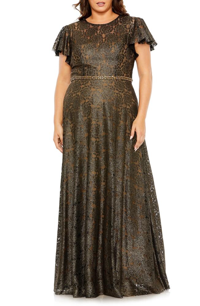 FABULOUSS BY MAC DUGGAL Flutter Sleeve Lace Overlay Gown in Black Gold Cover