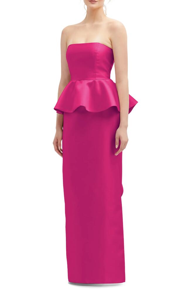 Alfred Sung Strapless Ruffle Peplum Satin Column Gown in Think Pink Cover