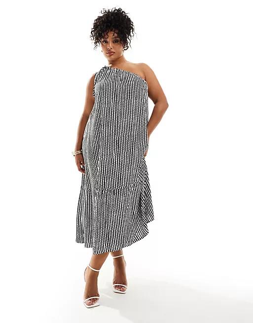 ONLY Curve one shoulder tiered hem maxi dress in black & white wave stripe Cover