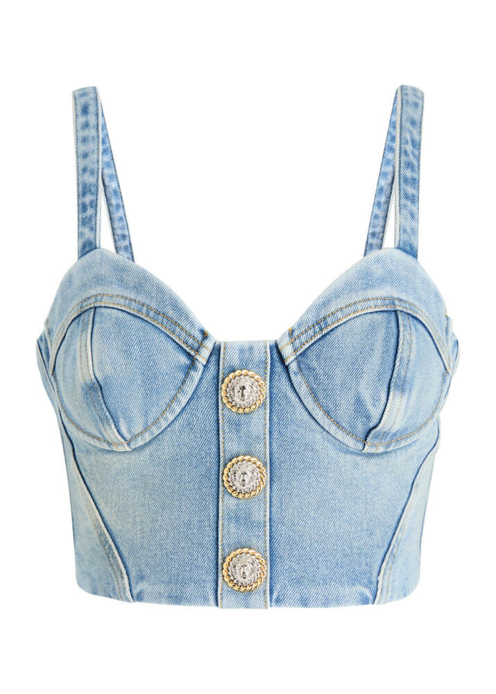 Balmain Cropped Stretch-denim Corset top Cover