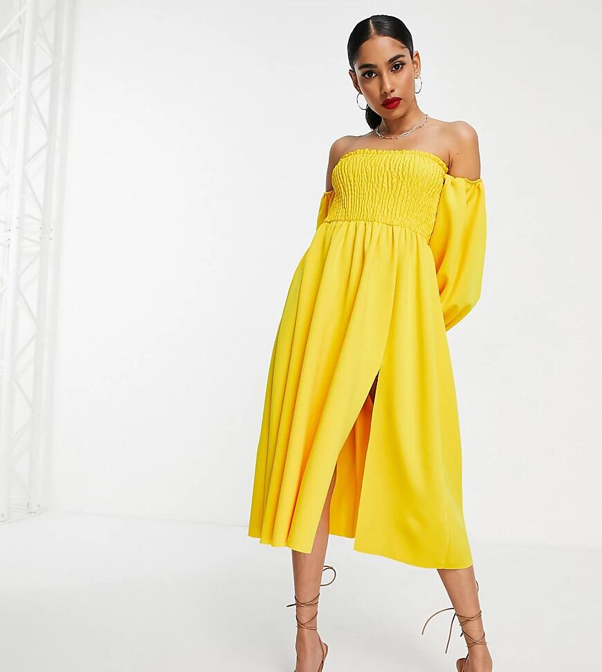 ASOS DESIGN Petite shirred bardot blouson sleeve prom midi dress in lemon-Yellow Cover