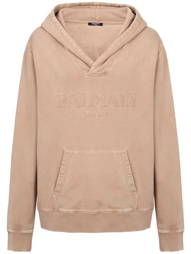 Balmain logo-embroidered V-neck cotton hoodie - Neutrals Cover