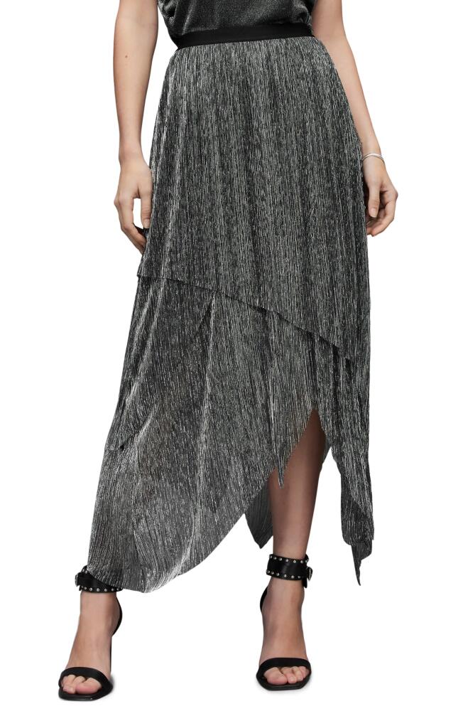 AllSaints Veena Metallic Shimmer Asymmetric Skirt in Silver Cover