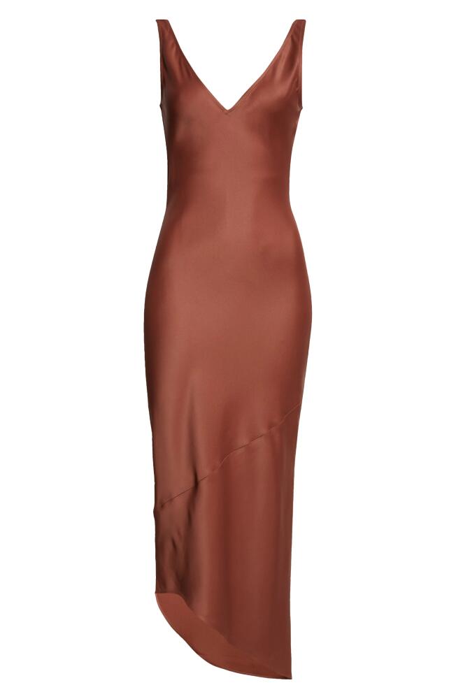 JW Anderson Bias Cut Asymmetric Satin Midi Dress in Brown Cover