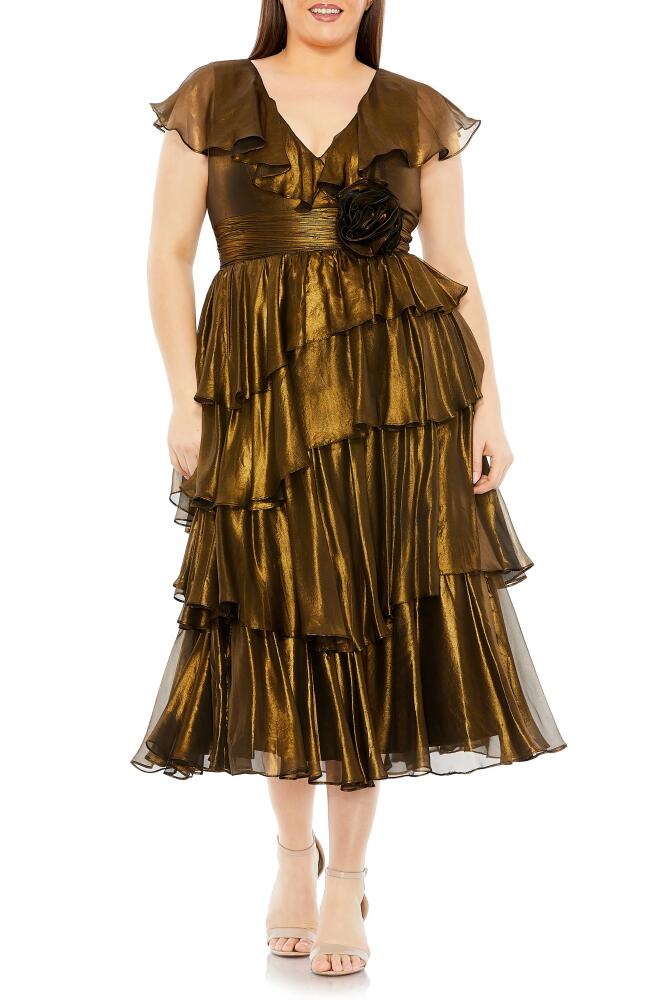 FABULOUSS BY MAC DUGGAL Metallic Ruffle Tiered Midi Cocktail Dress in Black Gold Cover